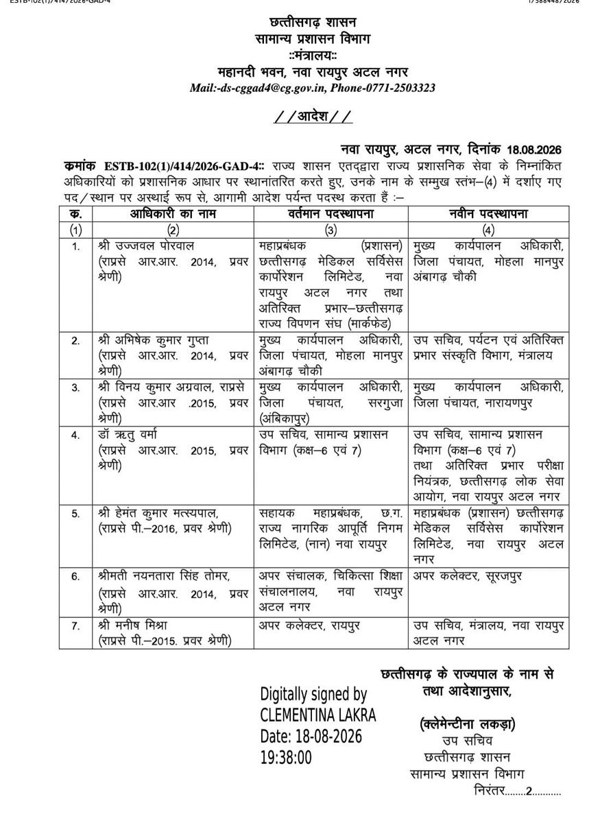 राज्य प्रशासनिक सेवा अधिकारियों का तबादला